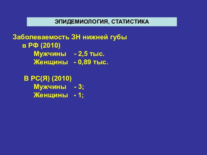 Заболеваемость ЗН нижней губы в РФ (2010) Мужчины - 2,5