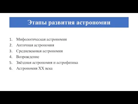 Этапы развития астрономии Мифологическая астрономия Античная астрономия Средневековая астрономия Возрождение