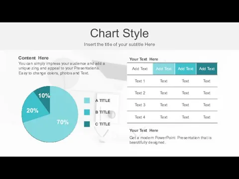 Chart Style Insert the title of your subtitle Here 70% 20% 10% Your Text Here