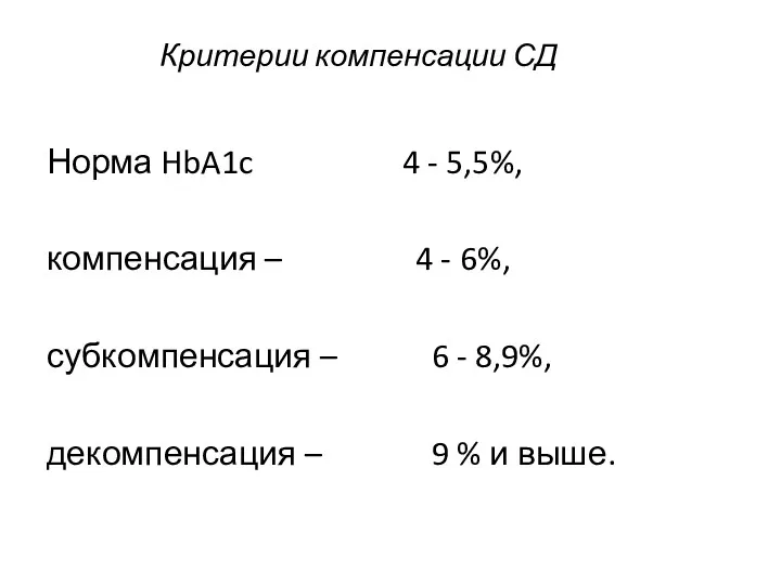 Критерии компенсации СД Норма HbA1c 4 - 5,5%, компенсация –