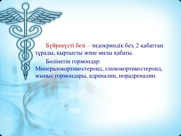 Бүйрекүсті безі – эндокриндік без, 2 қабаттан тұрады, қыртысты және