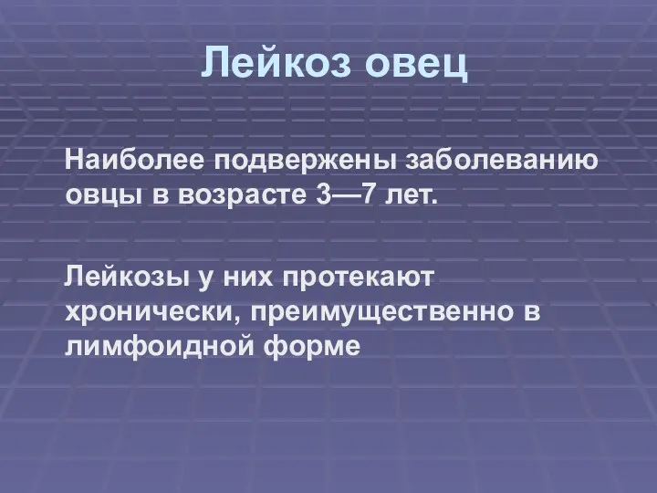 Лейкоз овец Наиболее подвержены заболеванию овцы в возрасте 3—7 лет.