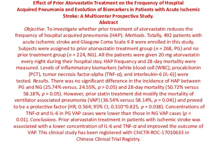 Effect of Prior Atorvastatin Treatment on the Frequency of Hospital