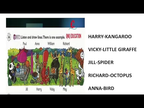 HARRY-KANGAROO VICKY-LITTLE GIRAFFE JILL-SPIDER RICHARD-OCTOPUS ANNA-BIRD