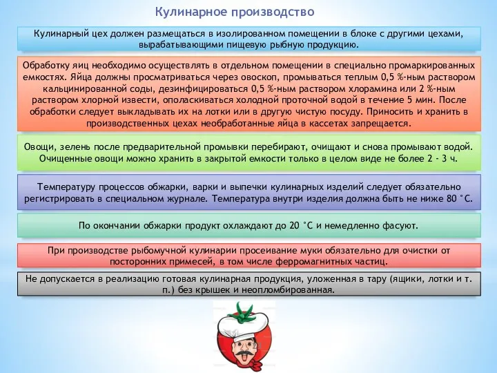 Кулинарное производство Кулинарный цех должен размещаться в изолированном помещении в блоке с другими