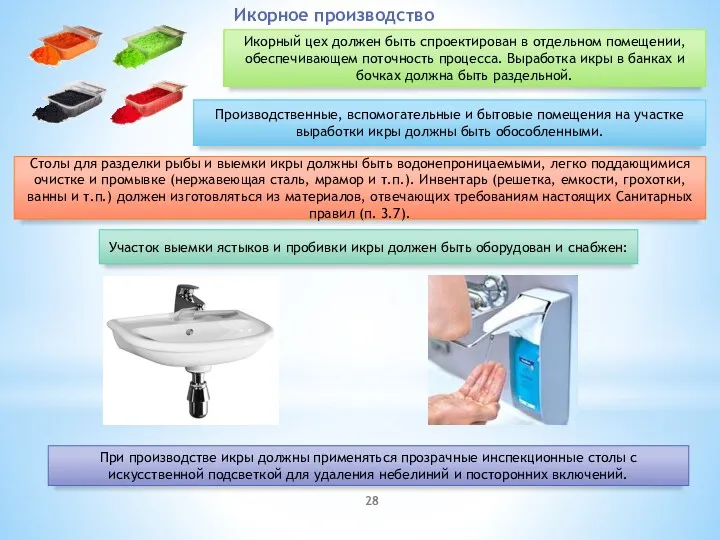 Икорное производство Икорный цех должен быть спроектирован в отдельном помещении, обеспечивающем поточность процесса.