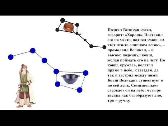 Поднял Великан котел, говорит: «Хорош». Поставил его на место, поднял ковш. «А этот