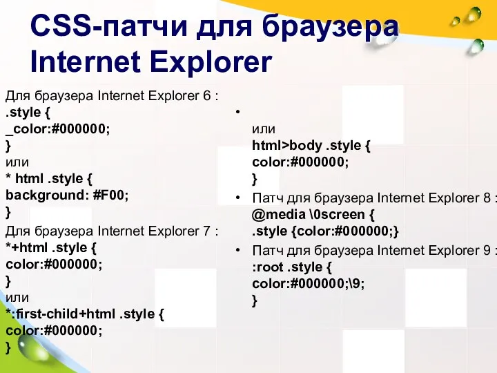 CSS-патчи для браузера Internet Explorer Для браузера Internet Explorer 6
