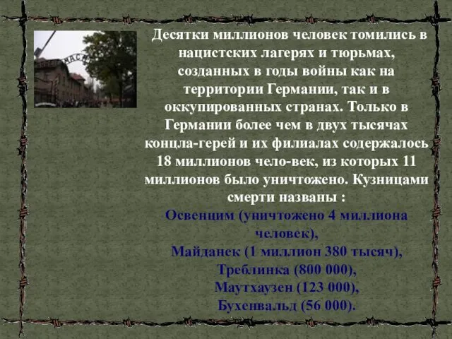 Десятки миллионов человек томились в нацистских лагерях и тюрьмах, созданных