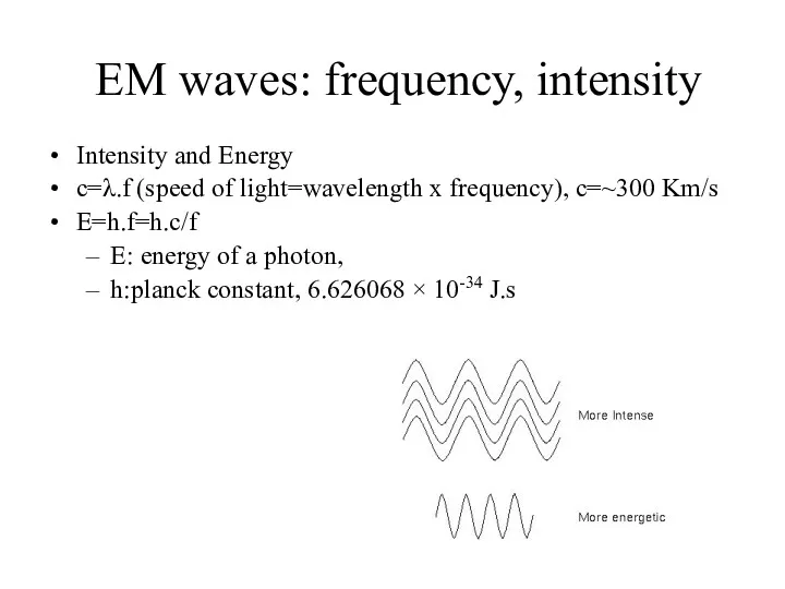 Intensity and Energy c=λ.f (speed of light=wavelength x frequency), c=~300