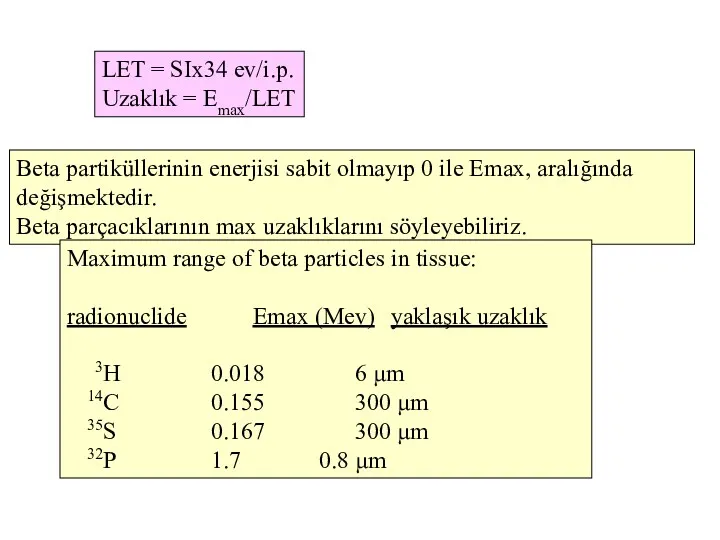 LET = SIx34 ev/i.p. Uzaklık = Emax/LET Beta partiküllerinin enerjisi