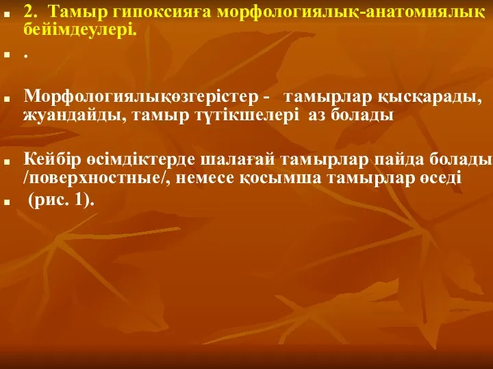 2. Тамыр гипоксияға морфологиялық-анатомиялық бейімдеулері. . Морфологиялықөзгерістер - тамырлар қысқарады, жуандайды, тамыр түтікшелері