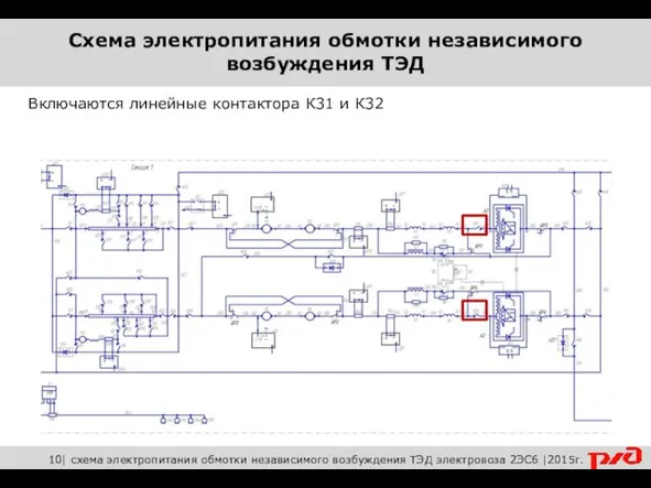 Включаются линейные контактора К31 и К32 10| схема электропитания обмотки независимого возбуждения ТЭД электровоза 2ЭС6 |2015г.