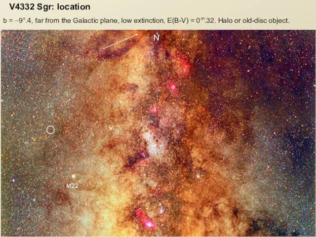 V4332 Sgr: location b = –9°.4, far from the Galactic