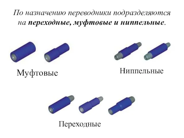 По назначению переводники подразделяются на переходные, муфтовые и ниппельные. Муфтовые Ниппельные Переходные