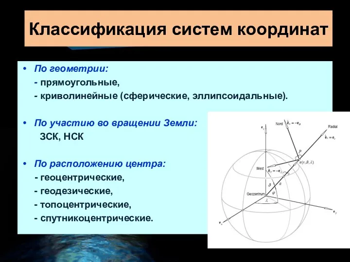 Классификация систем координат По геометрии: - прямоугольные, - криволинейные (сферические,