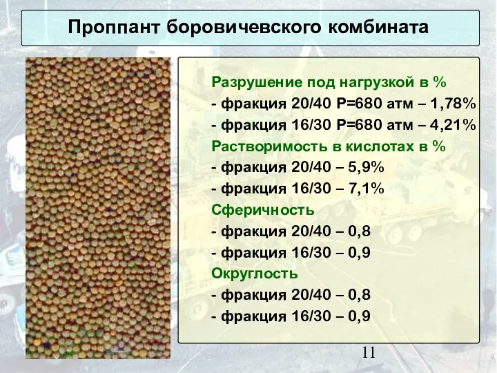 Проппант боровичевского комбината Разрушение под нагрузкой в % - фракция