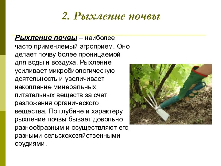2. Рыхление почвы Рыхление почвы – наиболее часто применяемый агроприем. Оно делает почву