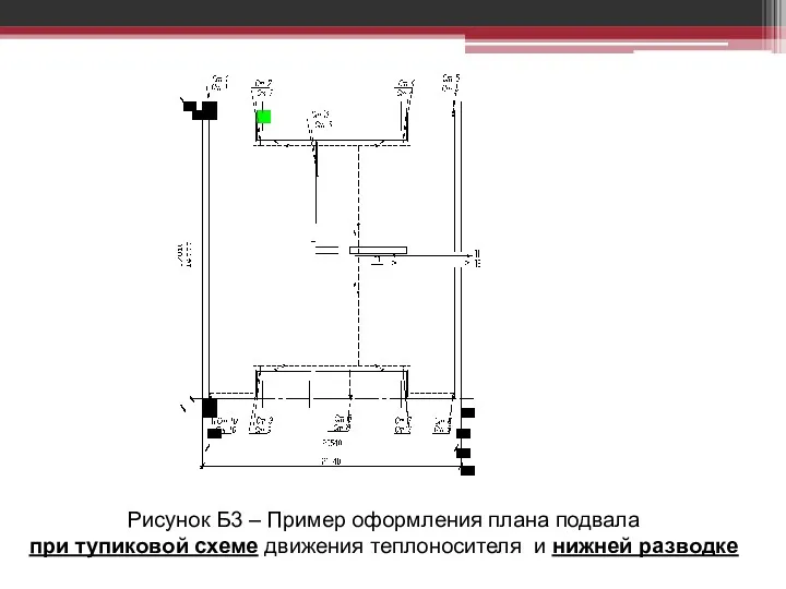 Рисунок Б3 – Пример оформления плана подвала при тупиковой схеме движения теплоносителя и нижней разводке