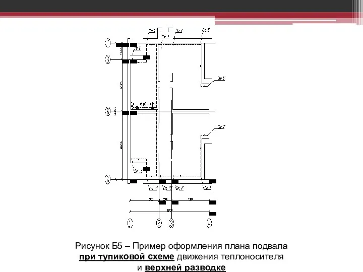 Рисунок Б5 – Пример оформления плана подвала при тупиковой схеме движения теплоносителя и верхней разводке