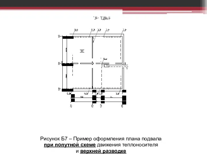 Рисунок Б7 – Пример оформления плана подвала при попутной схеме движения теплоносителя и верхней разводке