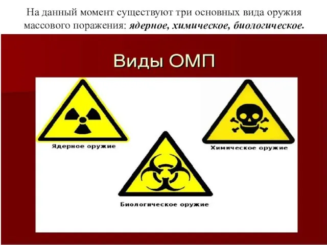 На данный момент существуют три основных вида оружия массового поражения: ядерное, химическое, биологическое.