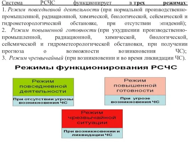 Система РСЧС функционирует в трех режимах: 1. Режим повседневной деятельности