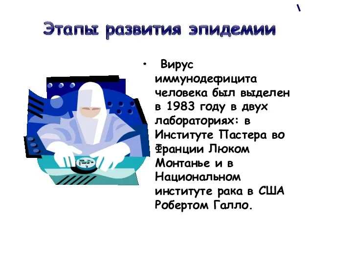 Вирус иммунодефицита человека был выделен в 1983 году в двух лабораториях: в Институте