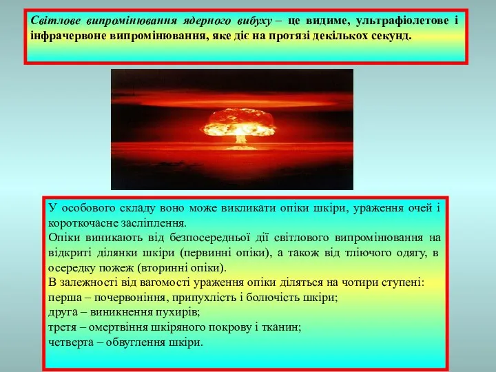 Світлове випромінювання ядерного вибуху – це видиме, ультрафіолетове і інфрачервоне випромінювання, яке діє
