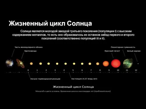 Жизненный цикл Солнца Солнце является молодой звездой третьего поколения (популяции