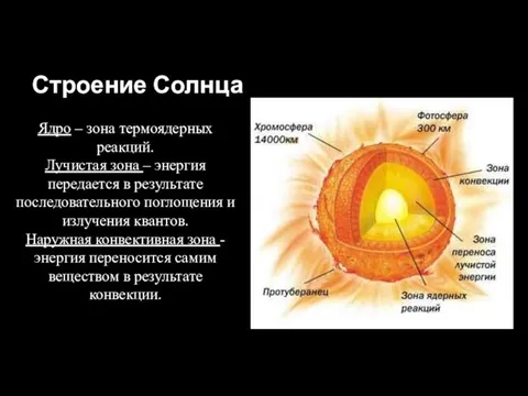 Строение Солнца Ядро – зона термоядерных реакций. Лучистая зона –