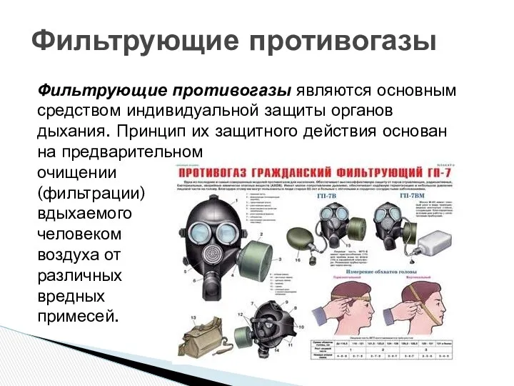 Фильтрующие противогазы являются основным средством индивидуальной защиты органов дыхания. Принцип