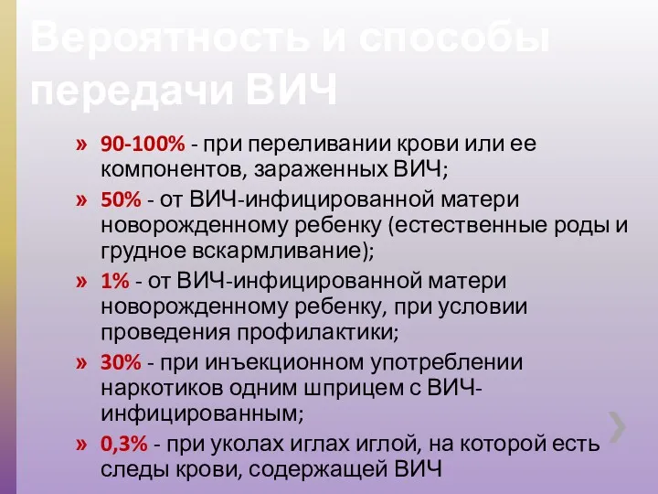 Вероятность и способы передачи ВИЧ 90-100% - при переливании крови