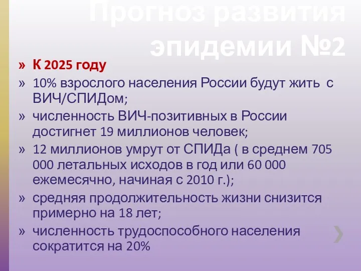 Прогноз развития эпидемии №2 К 2025 году 10% взрослого населения