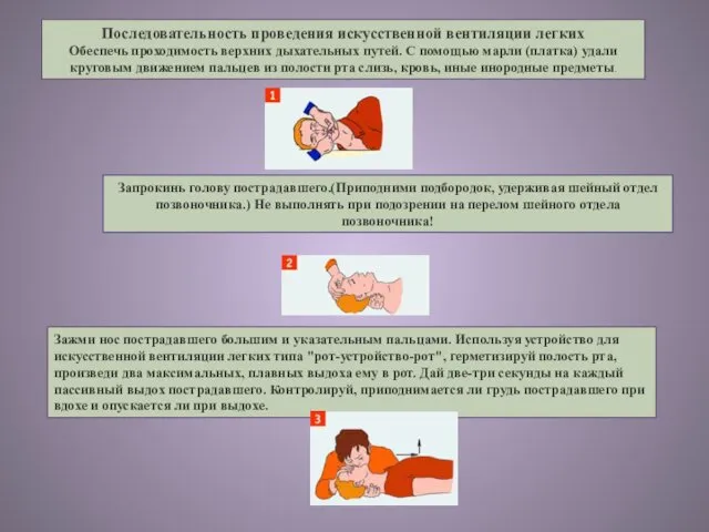 Последовательность проведения искусственной вентиляции легких Обеспечь проходимость верхних дыхательных путей. С помощью марли