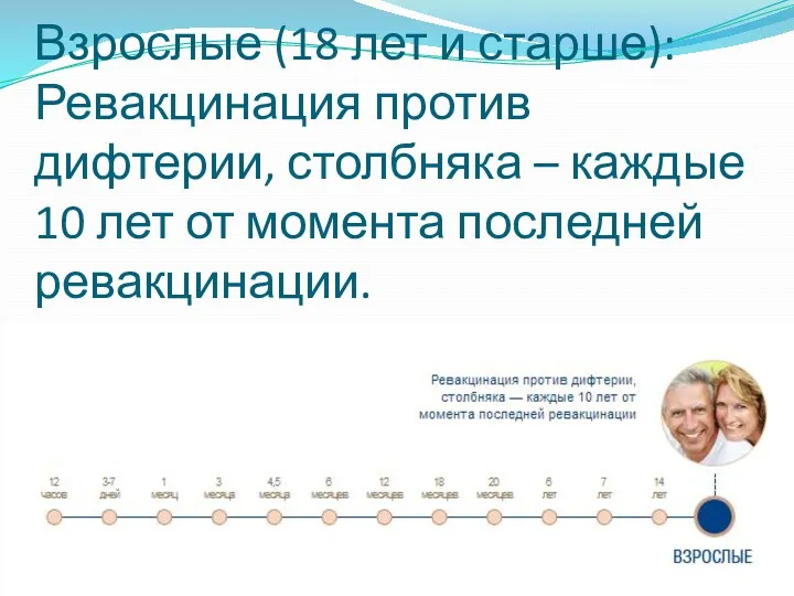 Взрослые (18 лет и старше): Ревакцинация против дифтерии, столбняка –