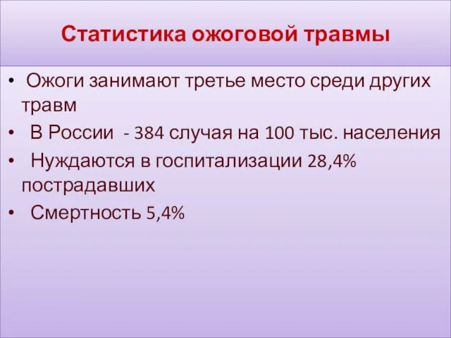 Статистика ожоговой травмы Ожоги занимают третье место среди других травм