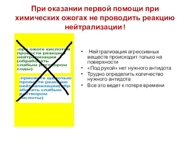 При оказании первой помощи при химических ожогах не проводить реакцию