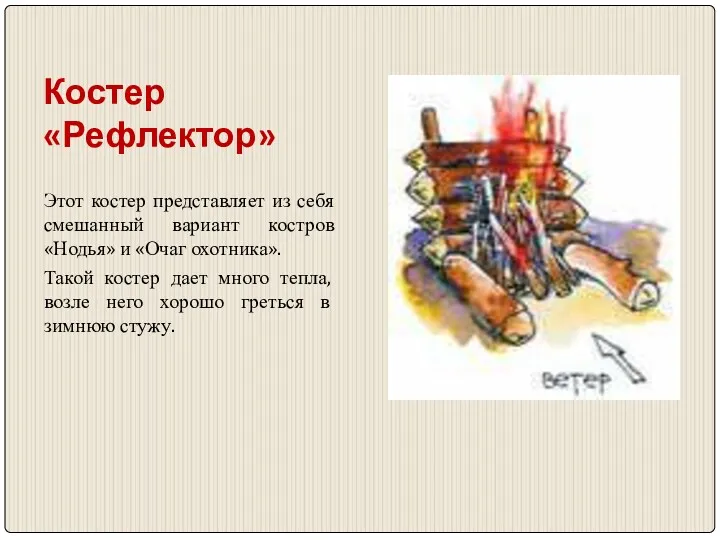 Костер «Рефлектор» Этот костер представляет из себя смешанный вариант костров