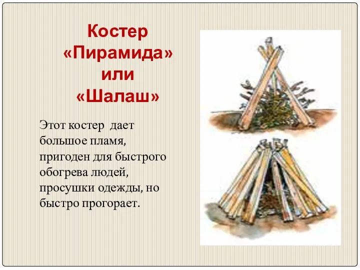 Костер «Пирамида» или «Шалаш» Этот костер дает большое пламя, пригоден для быстрого обогрева