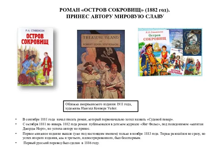 РОМАН «ОСТРОВ СОКРОВИЩ» (1882 год). ПРИНЕС АВТОРУ МИРОВУЮ СЛАВУ В