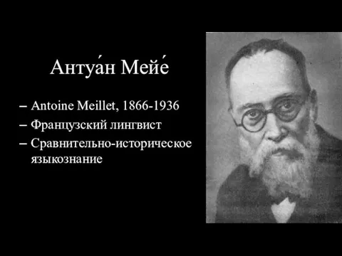 Антуа́н Мейе́ Antoine Meillet, 1866-1936 Французский лингвист Сравнительно-историческое языкознание