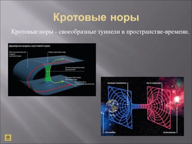 Кротовые норы Кротовые норы - своеобразные туннели в пространстве-времени.