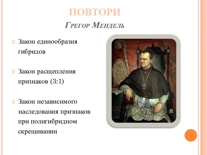 Грегор Мендель Закон единообразия гибридов Закон расщепления признаков (3:1) Закон