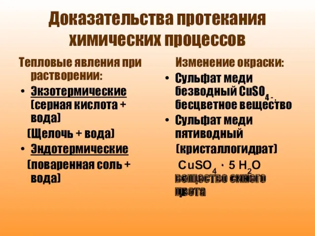 Доказательства протекания химических процессов Тепловые явления при растворении: Экзотермические (серная