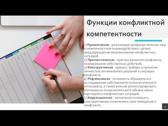 Функции конфликтной компетентности 1) Превентивная - реализация профилактических мер в