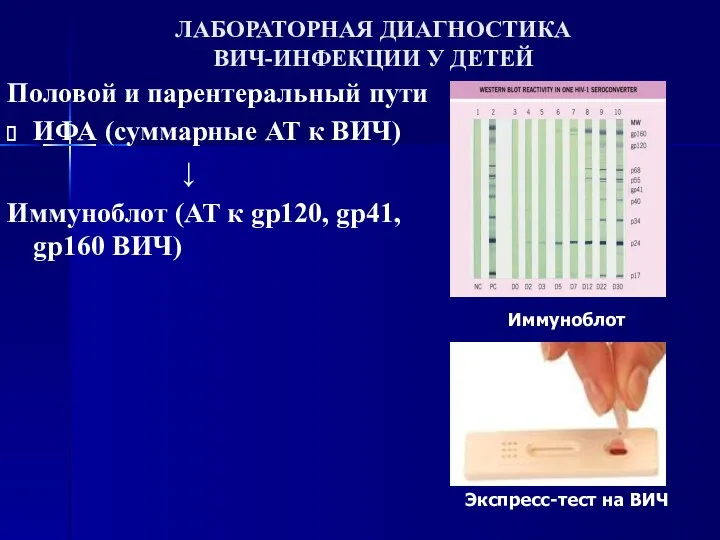 ЛАБОРАТОРНАЯ ДИАГНОСТИКА ВИЧ-ИНФЕКЦИИ У ДЕТЕЙ Половой и парентеральный пути ИФА