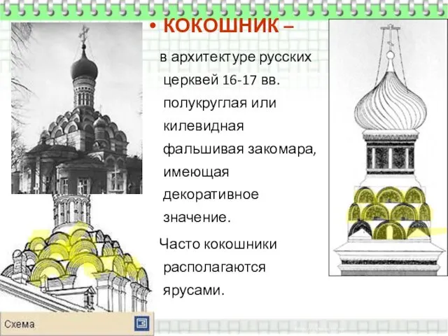 КОКОШНИК – в архитектуре русских церквей 16-17 вв. полукруглая или