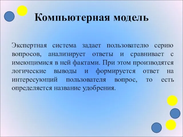 Компьютерная модель Экспертная система задает пользователю серию вопросов, анализирует ответы