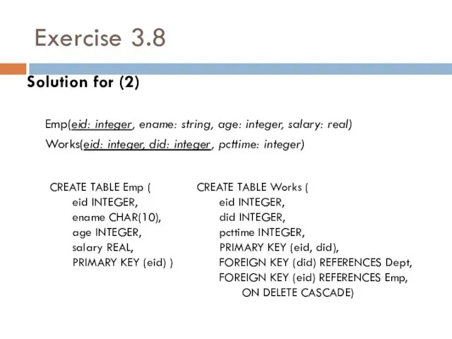 Exercise 3.8 Solution for (2) Emp(eid: integer, ename: string, age: